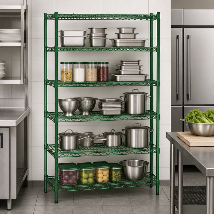 Product image #3 for Stationary Heavy Duty 5-Tier Wire Shelving Unit, 54" Wide x 18" Deep, 84" High, Green Epoxy Coated