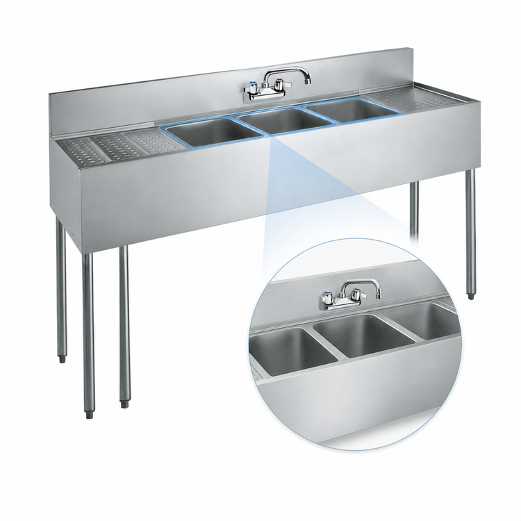 Product image #3 for Krowne 72-Inch 3-Compartment Convenience Store Sink with Dual 18-Inch Drainboards and Swing Spout Faucet