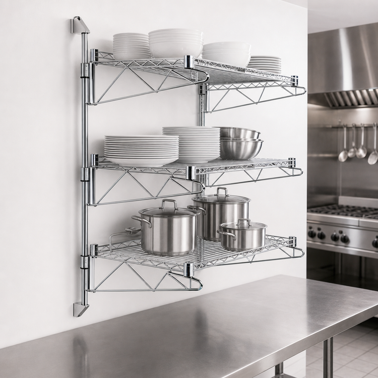 Product image #3 for Wall-Mounted Cantilever Wire Shelf Starter Unit with 3 Shelves, 54-Inch Posts, Chrome Plated
