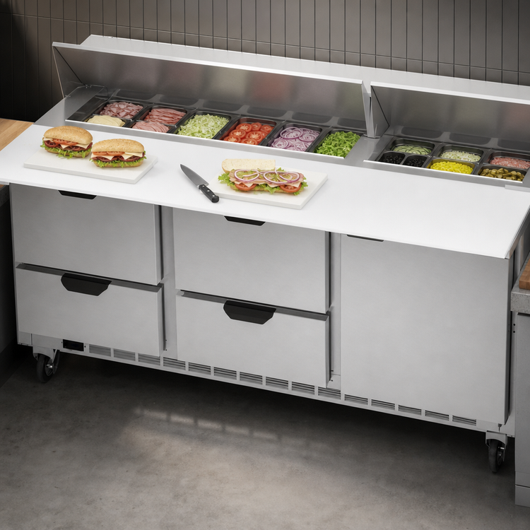 Product image #4 for Beverage Air 72-Inch Three-Section Sandwich Top Refrigerated Prep Table with 4 Drawers, 1 Door, and 18-Pan Opening