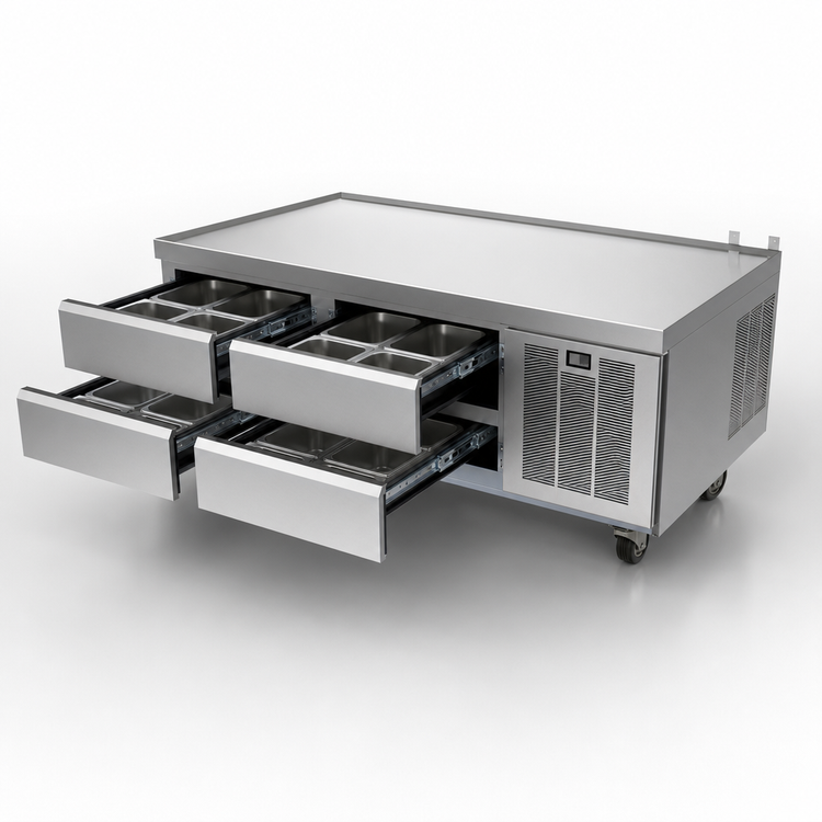 Product image #3 for Delfield Low-Profile 2-Section Refrigerated Equipment Stand, 62-1/4 Inch Wide, 4-Drawer, Side-Mounted Self-Contained R290