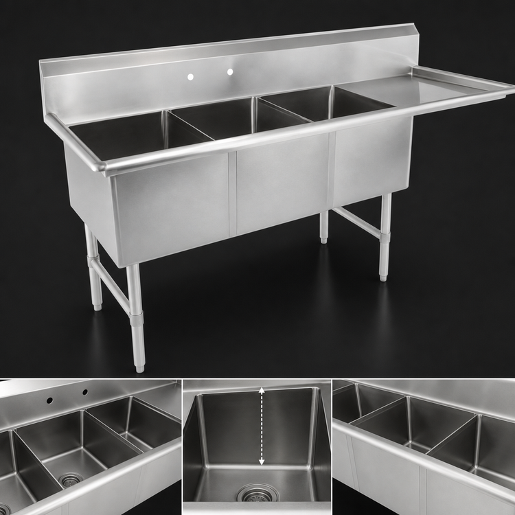 Product image #3 for John Boos B Series 3-Compartment Sink with 24-Inch Right Drainboard, 14-Inch Deep Bowls