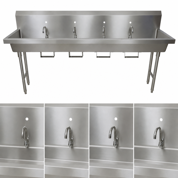 Product image #3 for BK Resources Four Station Freestanding 304 Stainless Steel Hand Wash Sink, 96 Inch W x 19-7/8 Inch D