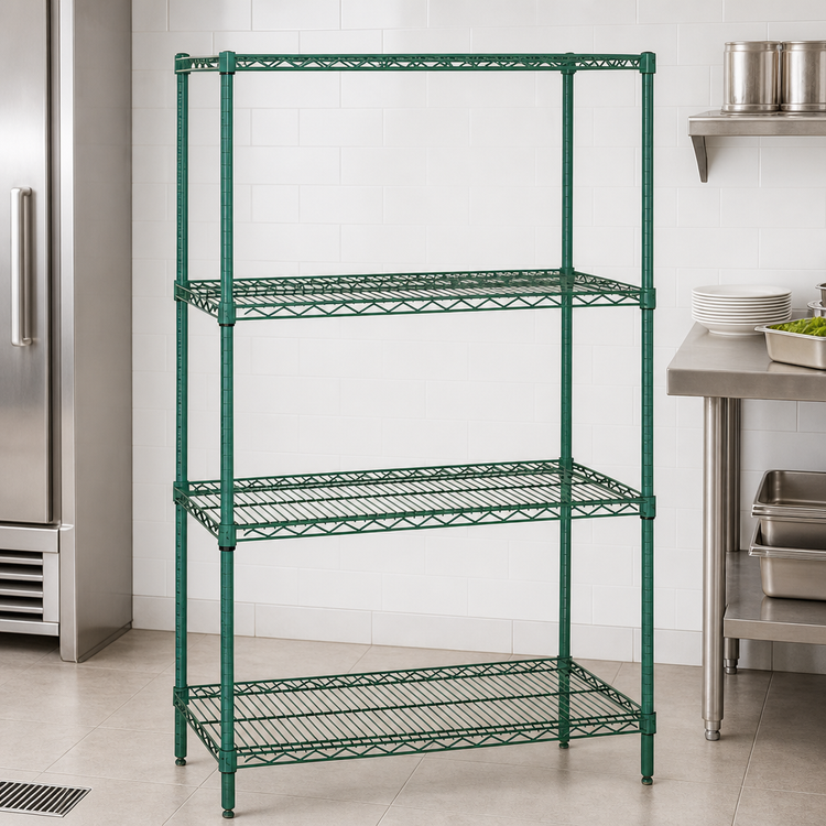 Product image #3 for Quantum Stationary Wire Shelving Starter Kit, 48" W x 12" D x 86" H, Green Epoxy Antimicrobial Finish