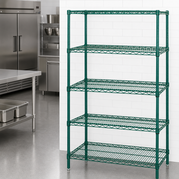 Product image #3 for Quantum Wire Shelving Starter Kit, 48"W x 36"D x 74"H, 5 Shelves, Green Epoxy Antimicrobial Finish