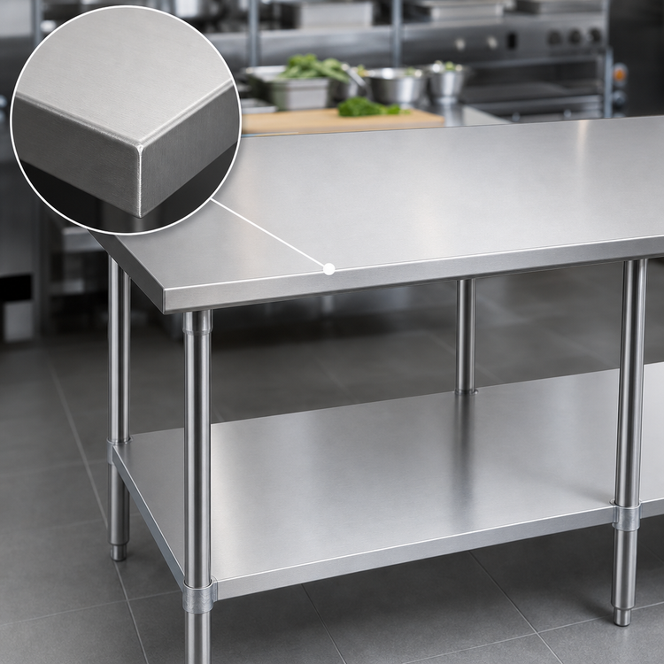 Product image #3 for Advance Tabco 144"W x 36"D 14-Gauge 304 Stainless Steel Flat Top Work Table with Adjustable Galvanized Undershelf and Legs