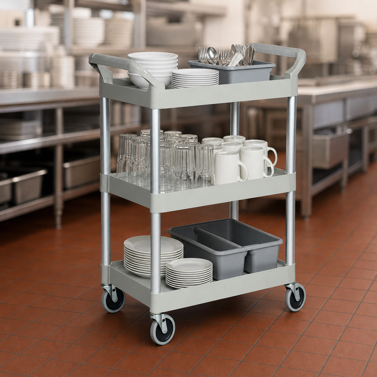 Product image #3 for Rubbermaid Commercial Products Platinum 3-Shelf Plastic Utility Bus Cart with Swivel Casters