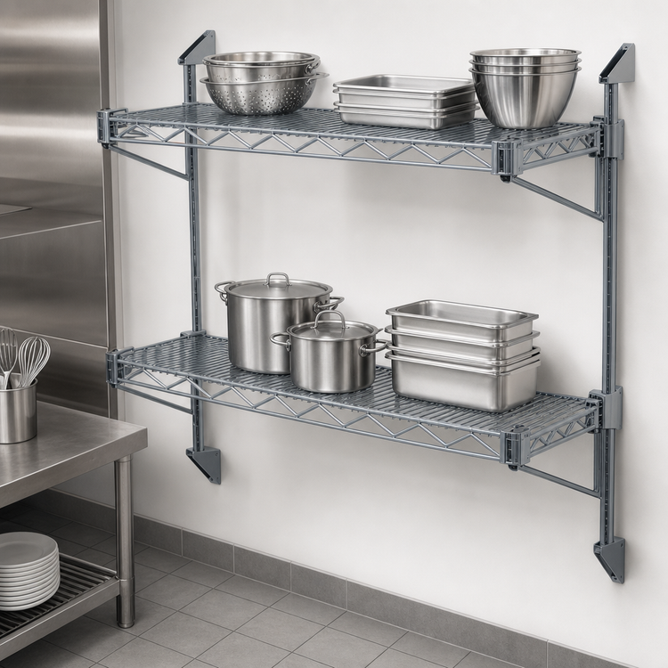 Product image #3 for Quantum Wall-Mount Cantilever Double Shelf Wire Shelving Unit, 72 x 24 Inches, Gray Epoxy Finish