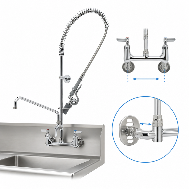 Product image #3 for EasyInstall 8-Inch Wall Mount Pre-Rinse Unit with Add-On Faucet, 12-Inch Swing Nozzle and 0.65 GPM Spray Valve