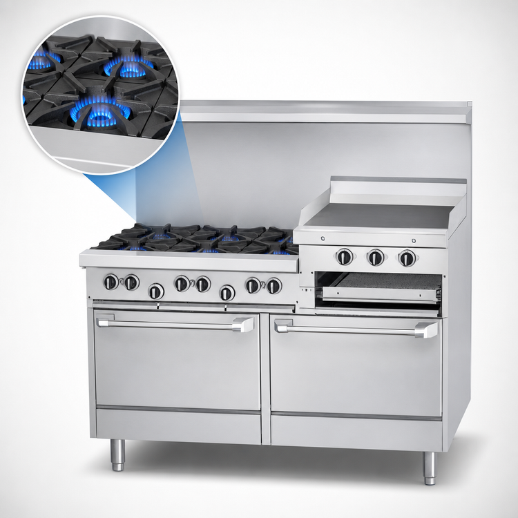 Product image #3 for Garland U.S. Range U Series 60-Inch Gas Restaurant Range with 6 Open Burners, 24-Inch Raised Griddle/Broiler, Standard Oven, and Storage Base
