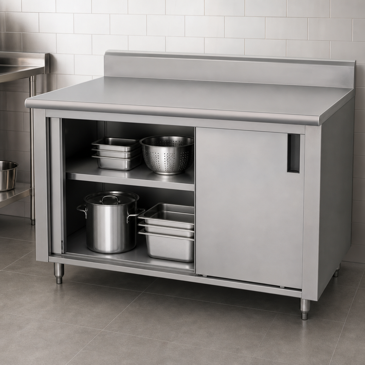 Product image #3 for Advance Tabco 72 Inch x 30 Inch Enclosed Work Table with Cabinet Base, Sliding Doors, and 5 Inch Backsplash