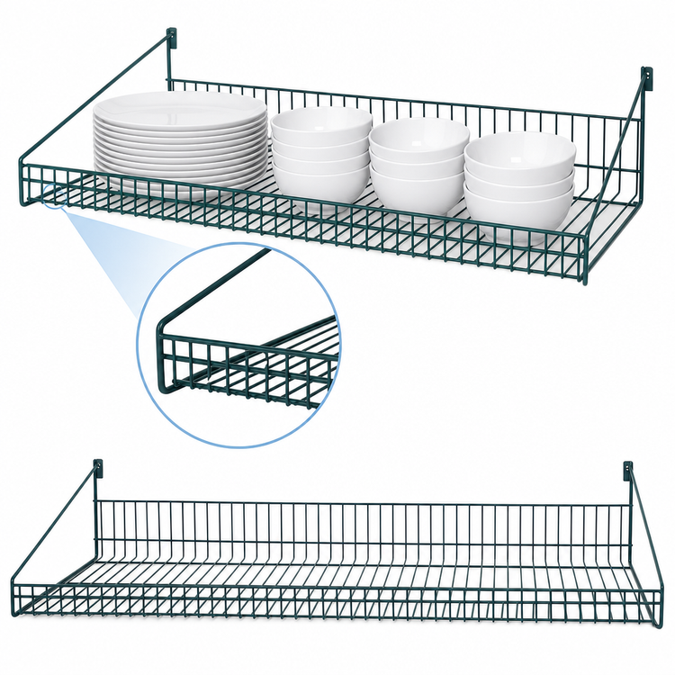 Product image #3 for Quantum Store Grid Wire Shelf with Retaining Front Edge, 48-Inch x 18-Inch, Green Epoxy Antimicrobial Finish