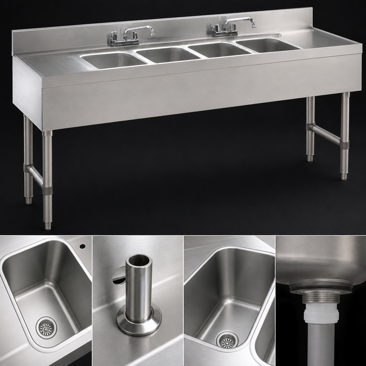 Product image #3 for Advance Tabco Underbar Basics 4-Compartment Stainless Steel Bar Sink Unit, 96-Inch x 21-Inch, with Dual Drainboards and Deck-Mount Faucets