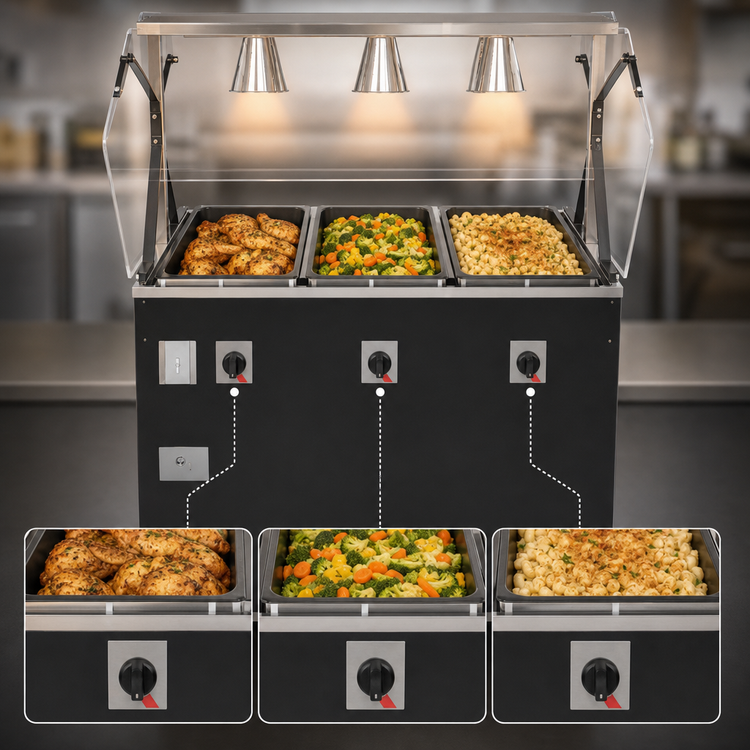 Product image #3 for Vollrath 2-Series Affordable Portable Deluxe 3-Well Mobile Hot Food Station with Lighted Breath Guard