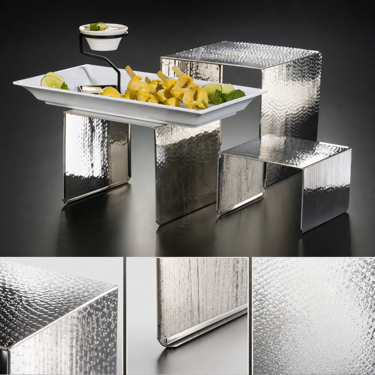Product image #3 for American Metalcraft 3-Piece Square Stainless Steel Hammered Buffet Riser Set
