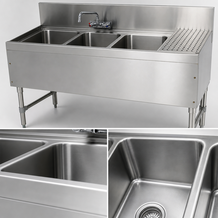Product image #3 for Advance Tabco Prestige Supreme 3-Compartment Stainless Steel Underbar Sink Unit with Right Drainboard, 60 x 20 x 36 Inches