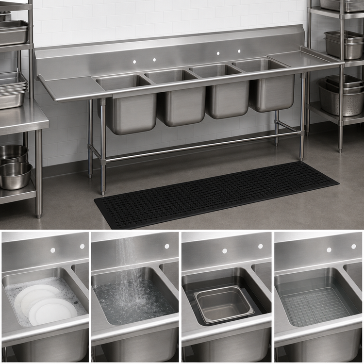 Product image #3 for Advance Tabco Regaline 4-Compartment Stainless Steel Sink with Left & Right Drainboards, 24" x 24" Compartments, 14" Deep