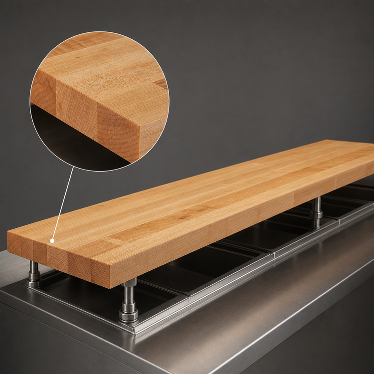 Product image #3 for John Boos Steam Table Cutting Board, 96 Inch x 12 Inch x 1-1/4 Inch, Edge Grain Hard Rock Maple with Adjustable Stainless Steel Supports