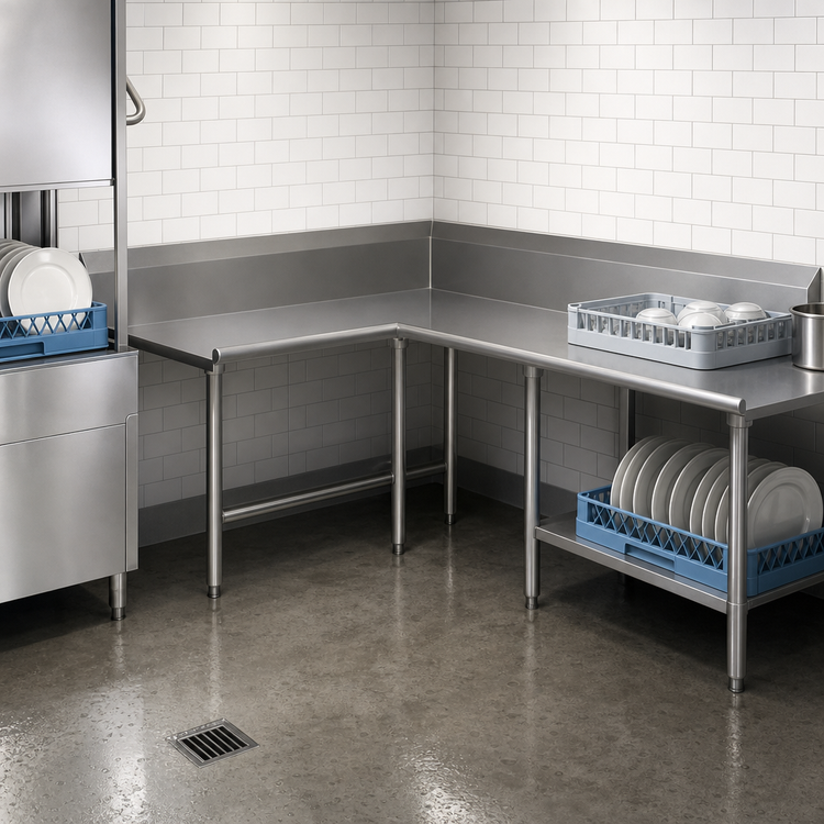 Product image #3 for John Boos Pro-Bowl L-Shaped Corner Clean Dish Table, 60-Inch Machine-to-Corner x 60-Inch Corner-to-End, Left-to-Right, 16-Gauge Stainless Steel