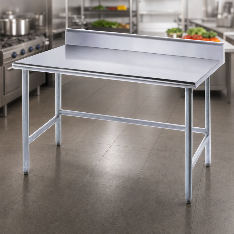 Product image #3 for Advance Tabco TKAG-369 108-Inch Wide 16-Gauge 430 Stainless Steel Work Table with 5-Inch Backsplash and Galvanized Base