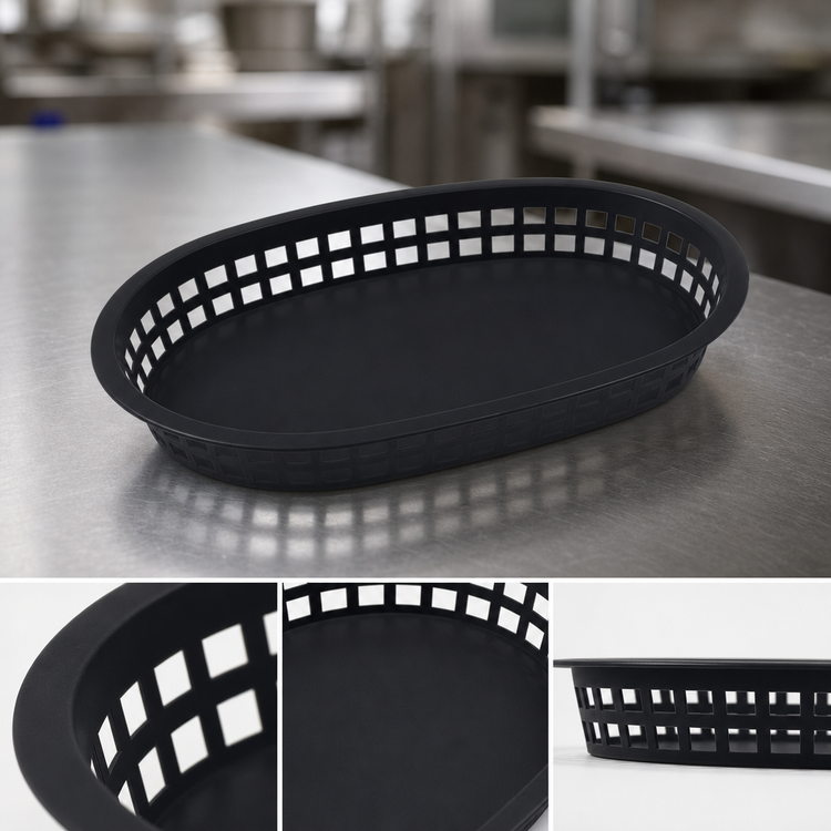 Product image #3 for Black Oval Plastic Flat Bottom Platter Basket, 10-3/4 x 7-1/4 x 1-1/2 Inches
