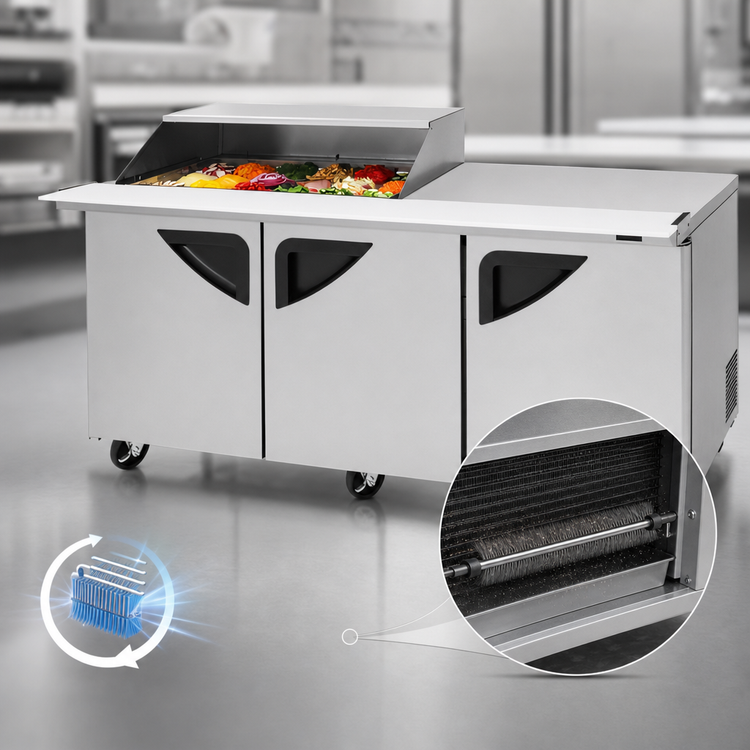 Product image #4 for Turbo Air Super Deluxe Mega-Top Sandwich/Salad Prep Table With Slide-Back Lid and Work Station, 72 5/8-Inch, 3-Section, 18-Pan, 23 Cu. Ft.