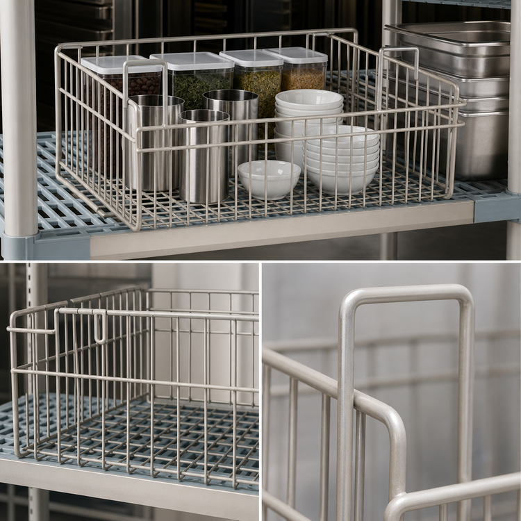 Product image #3 for MetroMax Platform 22 x 24 x 9-Inch Drop-In Wire Storage Basket with Lift-Out Handles, Taupe Epoxy Finish