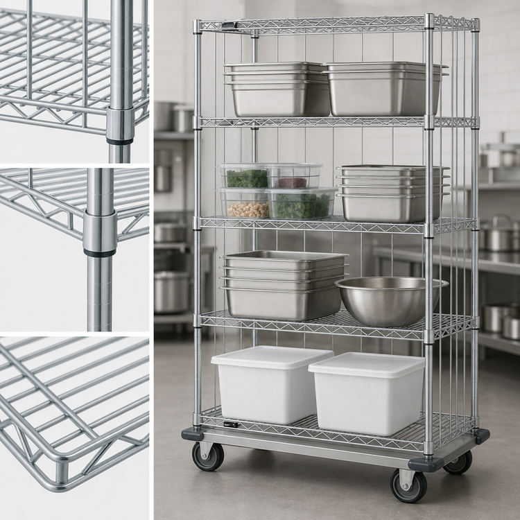 Product image #3 for Quantum Mobile Enclosure Wire Shelving Cart with 4 Shelves, 60W x 18D x 81H, Chrome Plated Finish