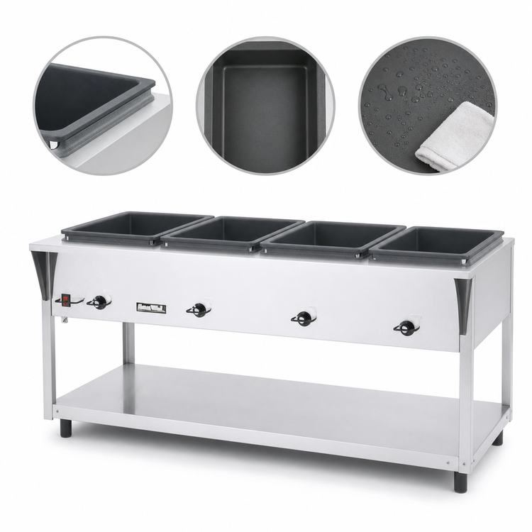Product image #3 for ServeWell SL 4-Well Electric Hot Food Table with Open Shelf Base, 208-240V