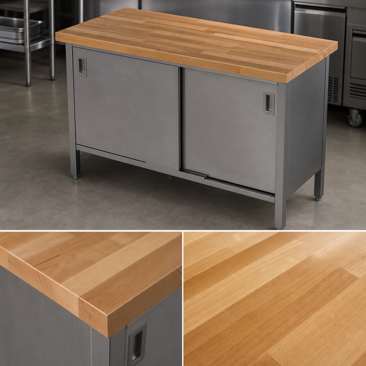 Product image #3 for John Boos 36 x 30 Inch Wood Top Work Table with Enclosed Stainless Steel Base and Sliding Doors