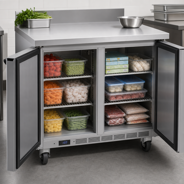 Product image #3 for Beverage-Air 36-Inch Two-Section Worktop Freezer with Solid Doors and Rear-Mounted Self-Contained Refrigeration