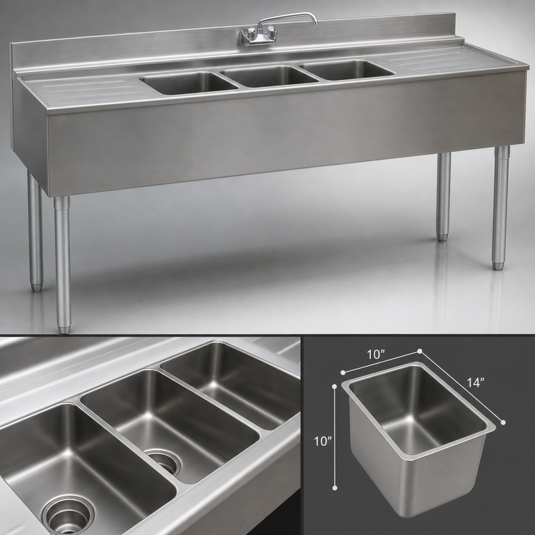 Product image #3 for Eagle Group 2200 Series 4-Compartment Underbar Sink Unit with Left and Right Drainboards, 72-Inch, 304 Stainless Steel