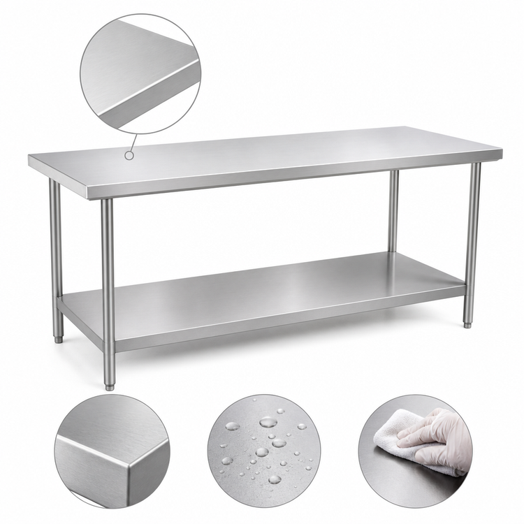 Product image #3 for Klinger's Trading AST2472 72" x 24" x 36" Heavy-Duty Stainless Steel Work Table — 18/430 Top, Open Base with Stainless Undershelf