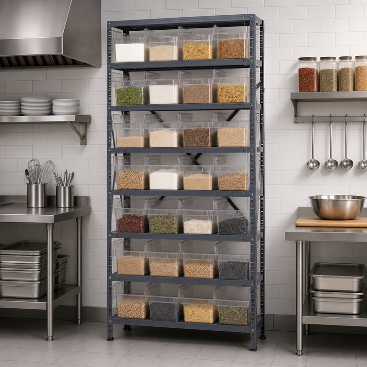 Product image #3 for Quantum Heavy-Duty Stationary Wire Shelving Unit with 8 Shelves and 28 Clear Bins, 36 x 12 x 75 Inches