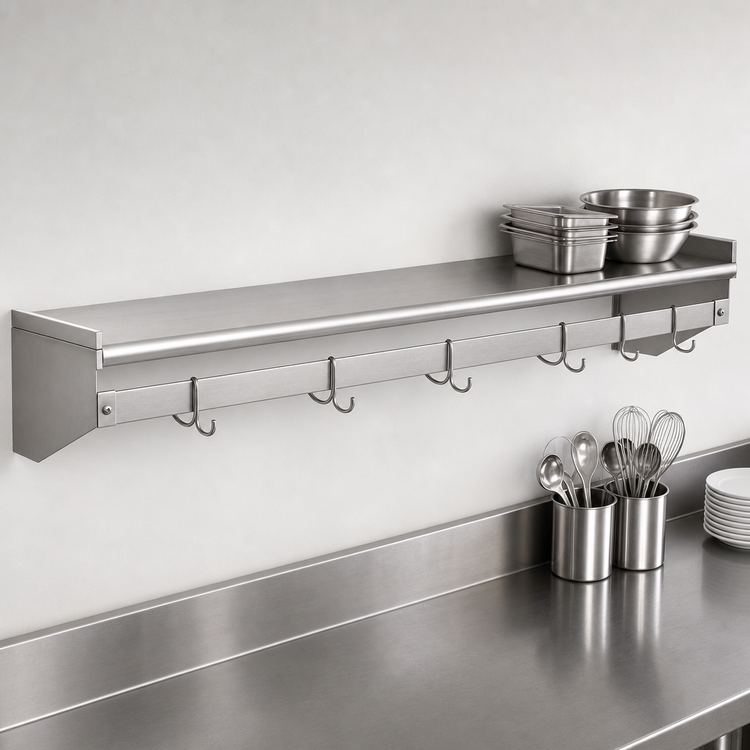 Product image #3 for Eagle Group Wall-Mounted Stainless Steel Pot Rack Shelf, 132-Inch W x 12-Inch D, with 11 Hooks