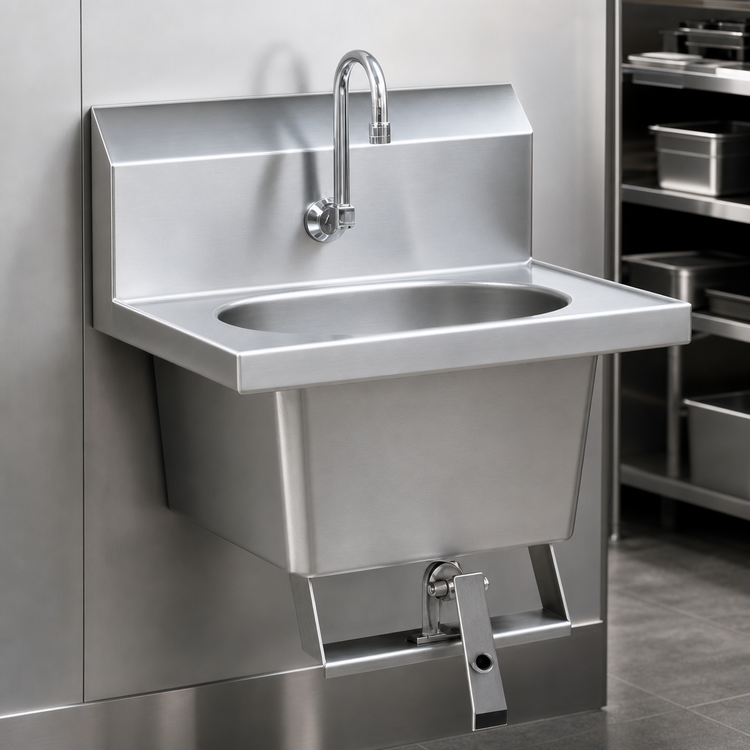 Product image #3 for Eagle Group Wall-Mounted 304 Stainless Steel Hand Sink with Single Knee Pedal, Skirt, and Faucet