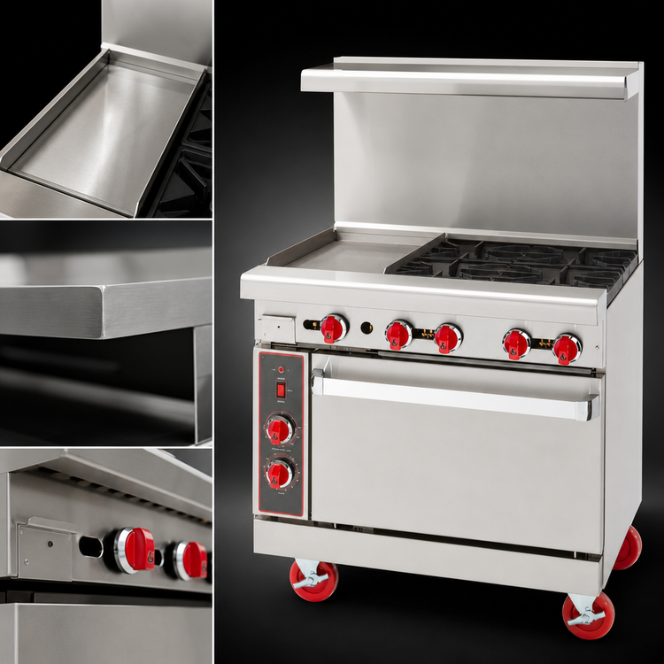 Product image #3 for American Range 36-Inch Commercial Gas Range with 12-Inch Left Griddle, 4 Open Burners, and Standard Oven