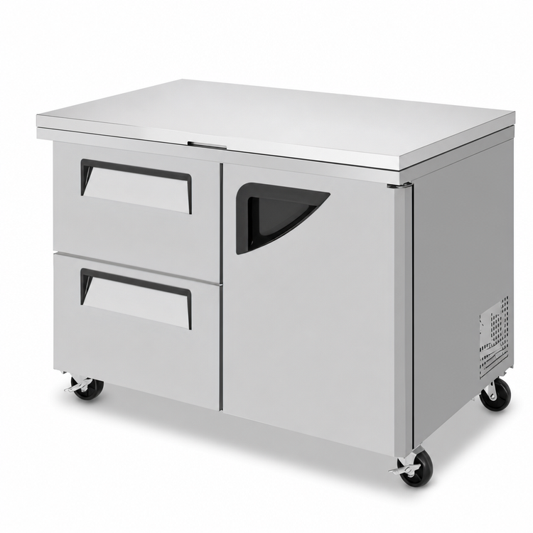 Product image #3 for Turbo Air Super Deluxe 48-1/4-Inch Wide 2-Section Mega Top Sandwich/Salad Prep Table with Flat Lid, 1 Door, 2 Drawers