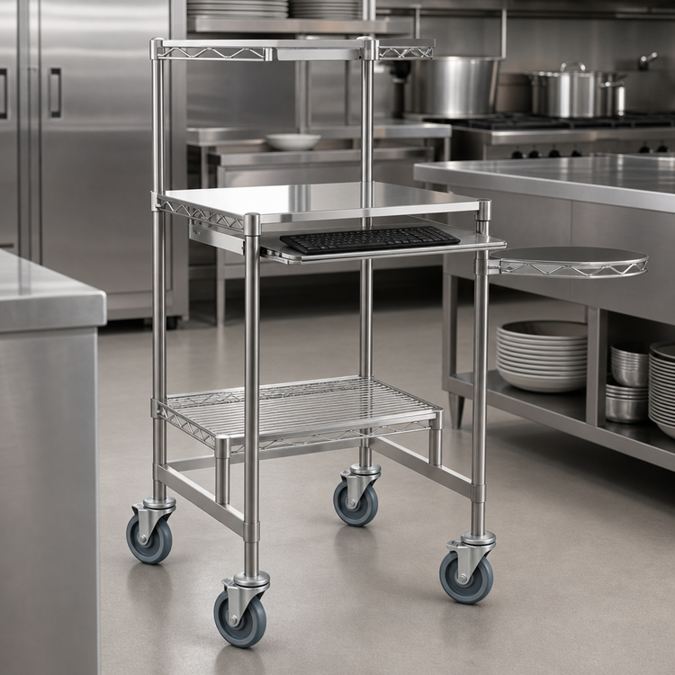 Product image #3 for Eagle Group Stainless Steel Mobile Computer Workstation with Keyboard Drawer and Polyurethane-Tread Casters, 30 x 30 x 53-3/8 Inches