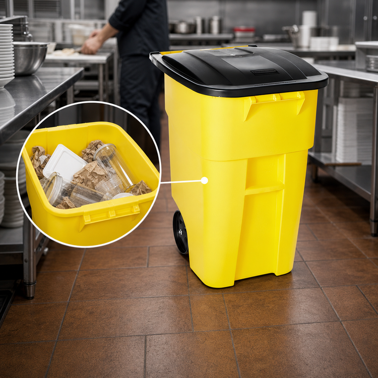 Product image #3 for Rubbermaid Commercial BRUTE 50-Gallon Yellow Roll-Out Trash Cart with Hinged Lid