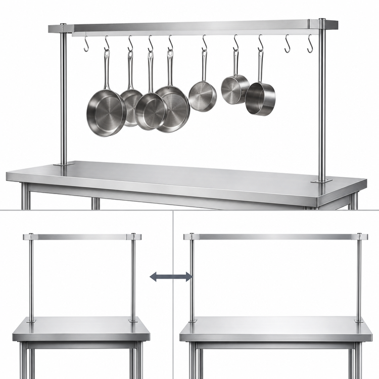 Product image #4 for 48-Inch Adjustable Table-Mounted Stainless Steel Pot Rack with Double-Prong Hooks