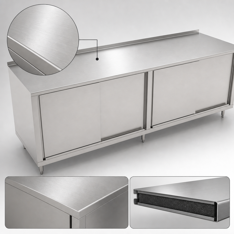 Product image #3 for John Boos 144" x 24" Stainless Steel Cabinet Base Work Table with Sliding Doors and 1-1/2" Rear Riser