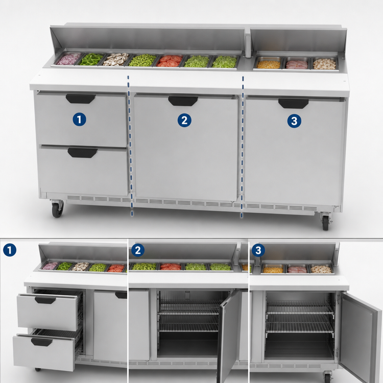 Product image #4 for Beverage-Air 72-Inch Three-Section Sandwich Top Refrigerated Prep Table with 18-Pan Opening, 2 Drawers, 2 Doors and Cutting Board