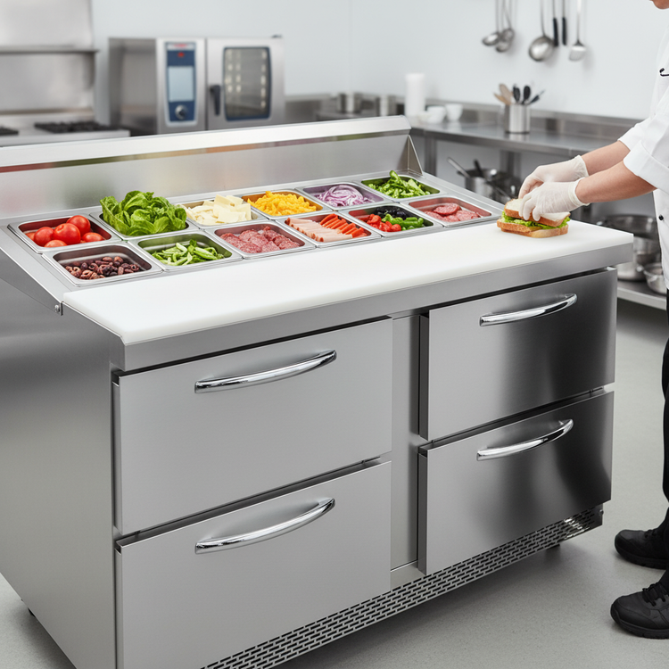 Product image #2 for Continental Refrigerator D60N12M-FB-D Designer Line 60" Mighty Top Two-Section Sandwich Prep Table with 4 Drawers