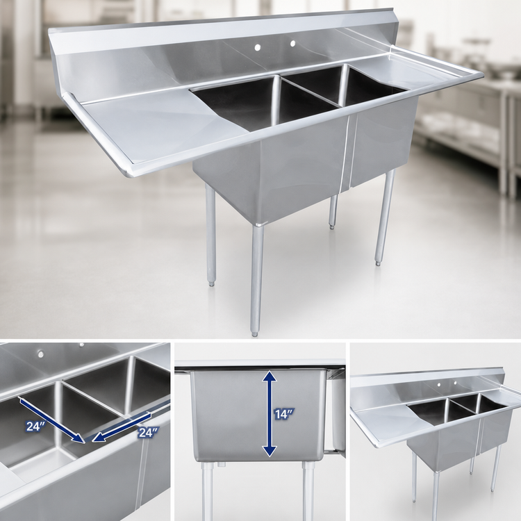 Product image #3 for 2-Compartment Pot Sink with Left and Right Drainboards and 24 x 24 x 14-Inch Bowls