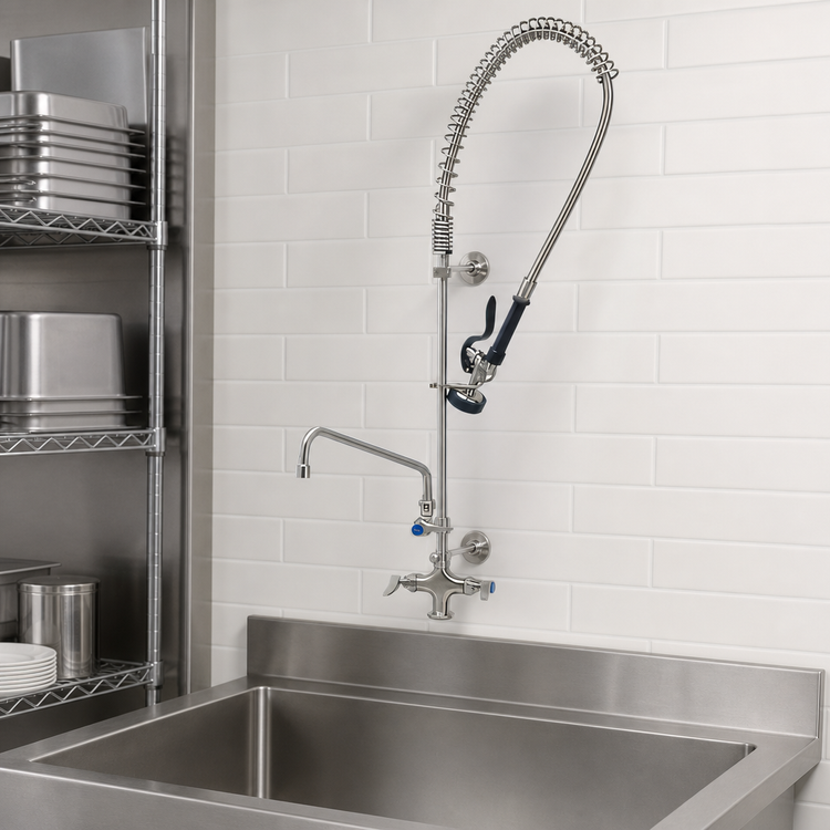 Product image #4 for T&S Brass Wall-Mount Pre-Rinse Mixing Faucet with Add-On Faucet, 14-Inch Swing Nozzle, 44-Inch Hose and Blue Spray Valve