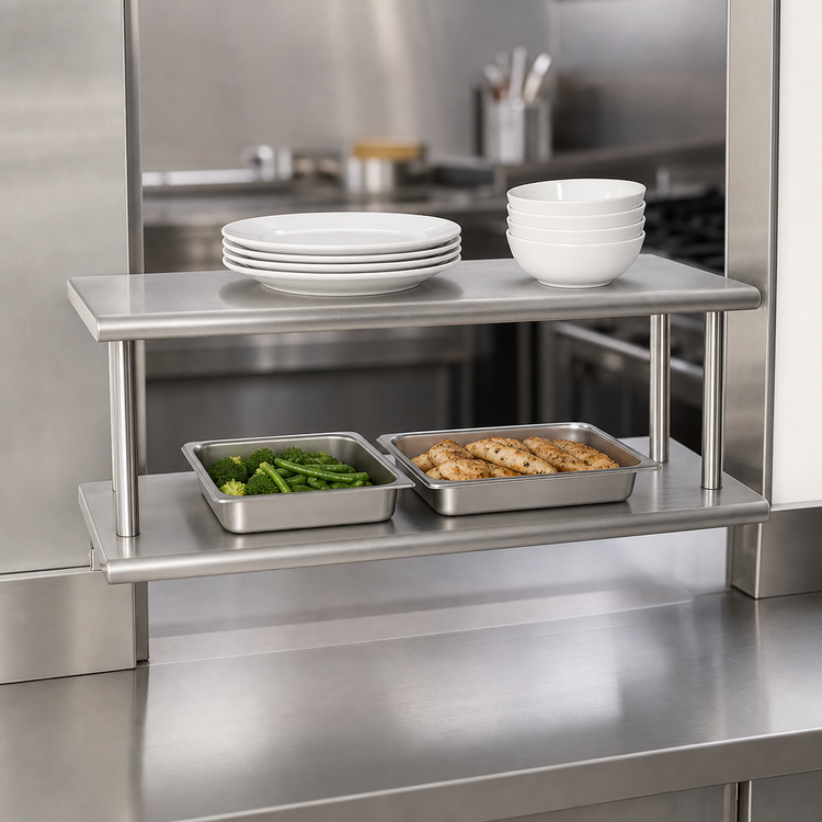 Product image #3 for BK Resources Double Tier Pass-Through Shelf, 24 x 24 Inches, 304 Stainless Steel