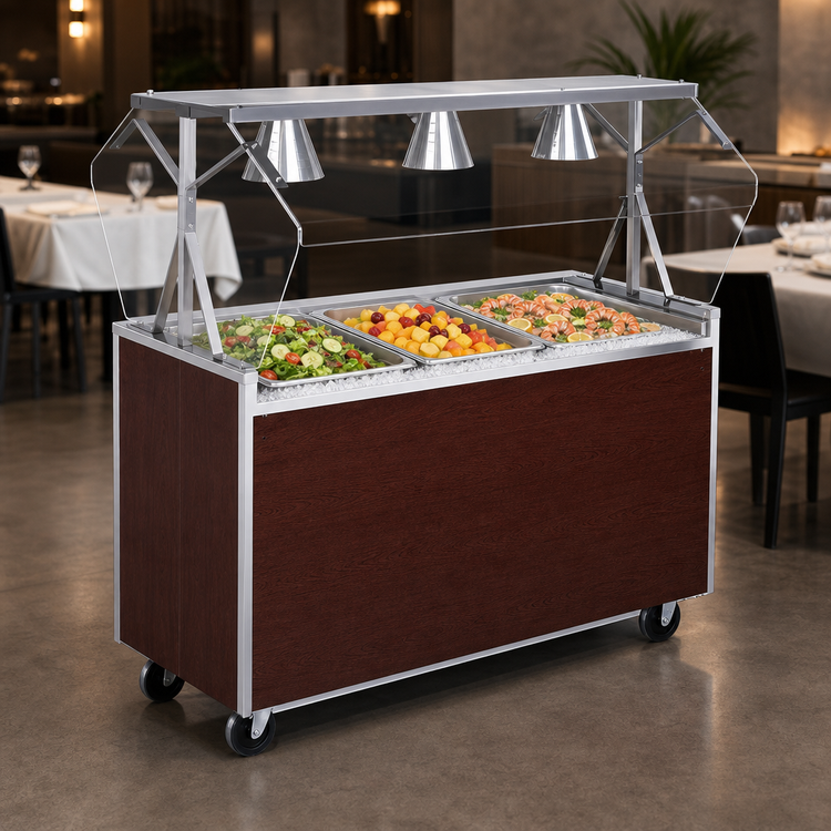 Product image #3 for Vollrath 2-Series Affordable Portable 3-Pan Non-Refrigerated Cold Food Station with Buffet Breath Guard and Lights, Cherry Woodgrain, 46-Inch