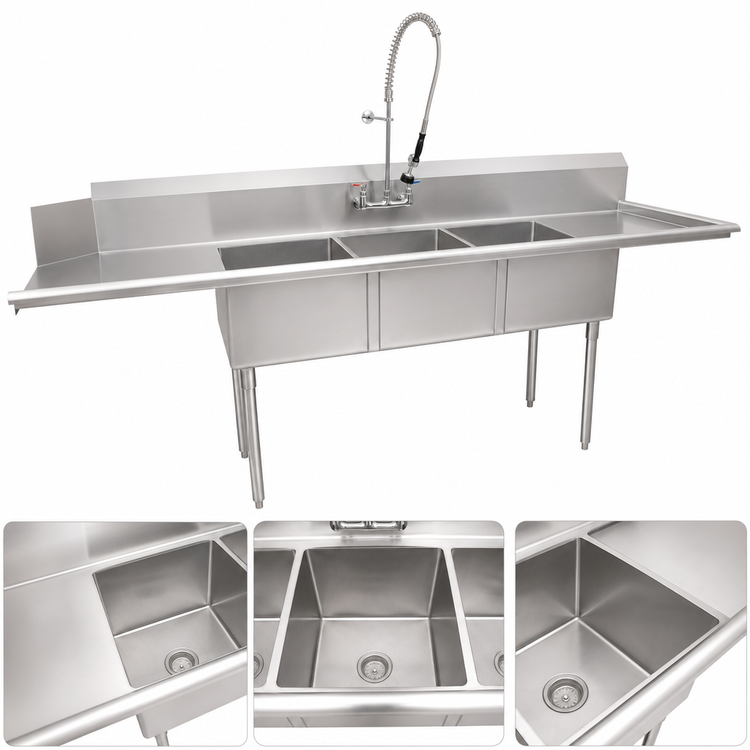 Product image #3 for BK Resources Three-Compartment Stainless Steel Soiled Dish Table with Pre-Rinse Faucet, 100-Inch x 30.5-Inch