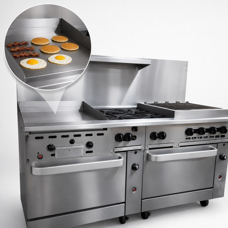 Product image #3 for Vulcan Endurance 72-Inch Commercial Gas Restaurant Range with 24-Inch Manual Griddle, 24-Inch Charbroiler, Standard Oven and Convection Oven Base